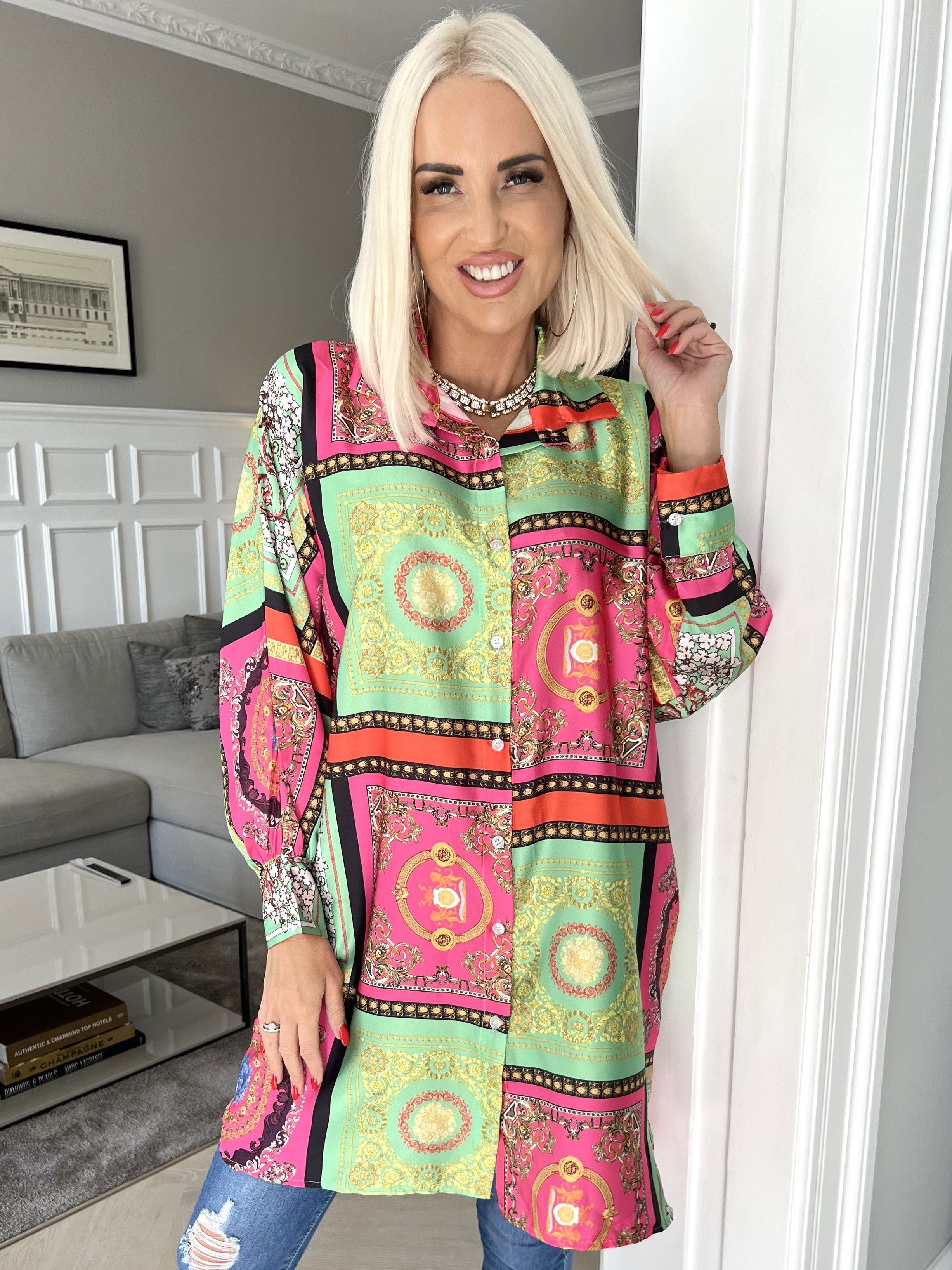 Donna - Färgglad mönstrad skjorta i silkeslook - Rose